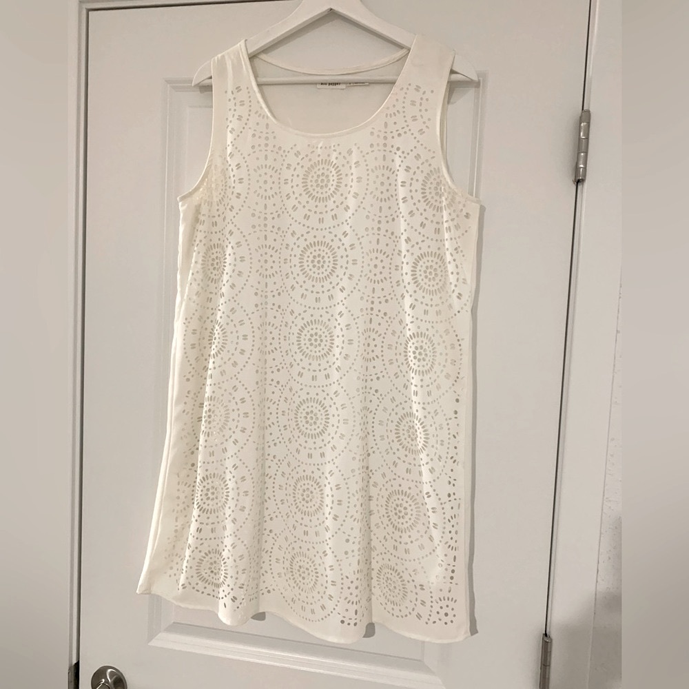 MOVING SALE | Women’s Blue Pepper White Laser-Cut Geo Shift Dress, Size Large